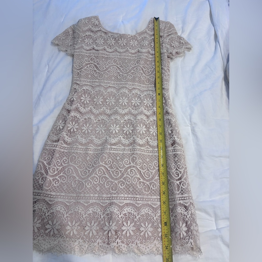Vintage 90s Ann Taylor Champagne/Ivory Lace Mini Dress 4P - Picture 6 of 16